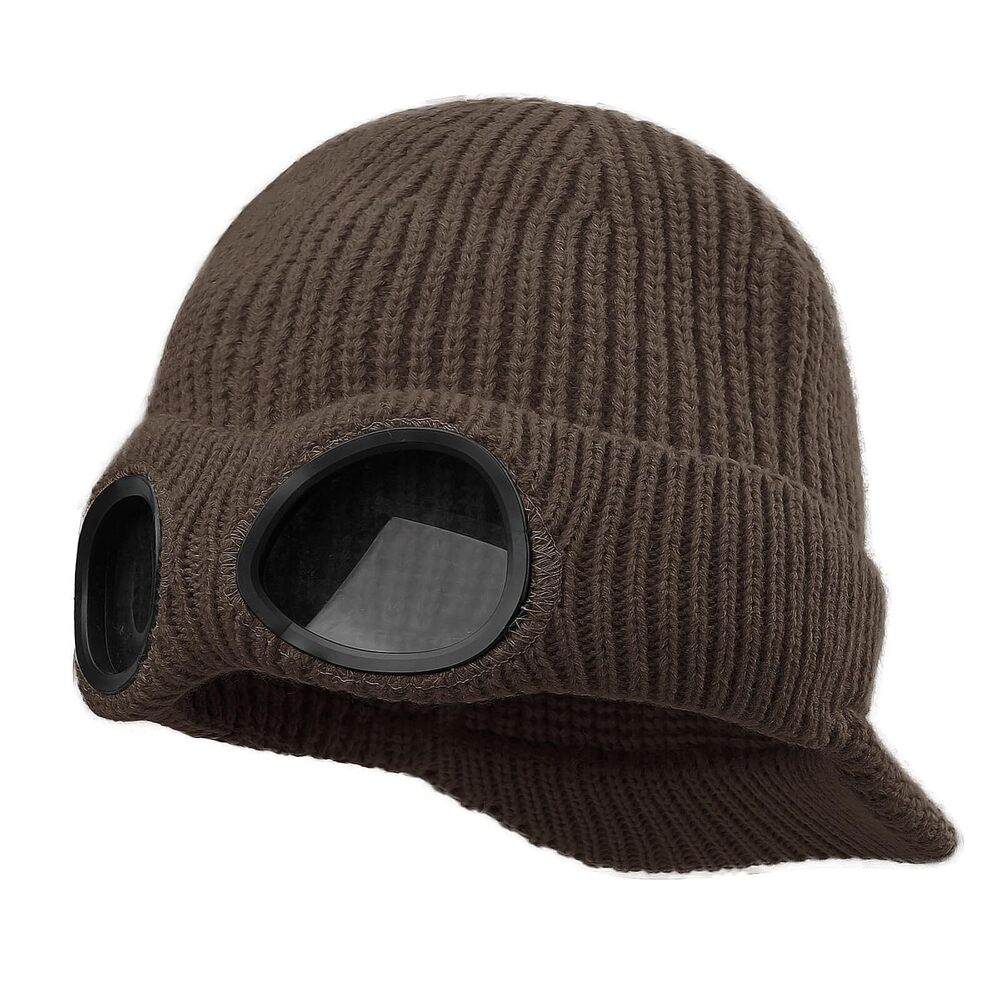 7621 Thick Knit Beanie Cap with Visor Unisex Goggles Beanie Cap Warm Double
